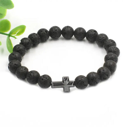 Bracelet | Trendy Jewellery | Cross Lava Stone Beads | Natural Energy Stone | 7” Bangle Charm