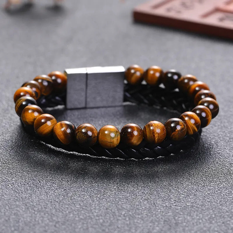 Bracelet | Trendy Jewellery | Tiger Eye Beads | Natural Stone | 2 Layers | Black Leather | Stainless Clasp | 7” Bangle Charm