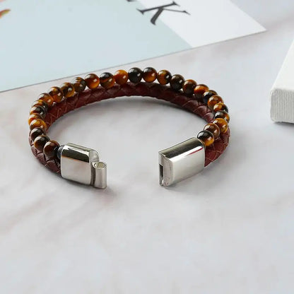 Bracelet | Trendy Jewellery | Tiger Eye Stone Bead | Stainless Magnetic Button | Brown Leather | 7” Bangle Charm