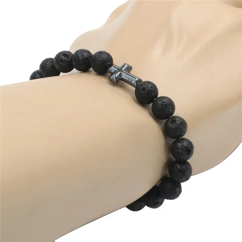 Bracelet | Trendy Jewellery | Cross Lava Stone Beads | Natural Energy Stone | 7” Bangle Charm