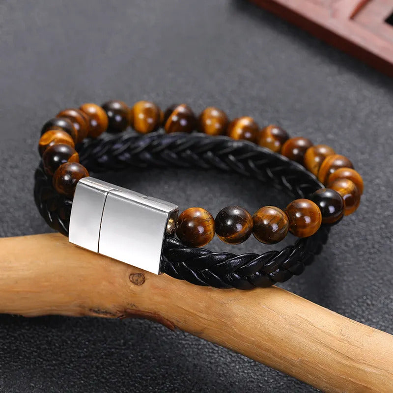 Bracelet | Trendy Jewellery | Tiger Eye Beads | Natural Stone | 2 Layers | Black Leather | Stainless Clasp | 7” Bangle Charm