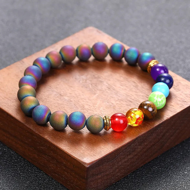 Bracelet | Trendy Jewellery | Crazy Agate Chakras Beads | Natural Stone | 7” Bangle Charm