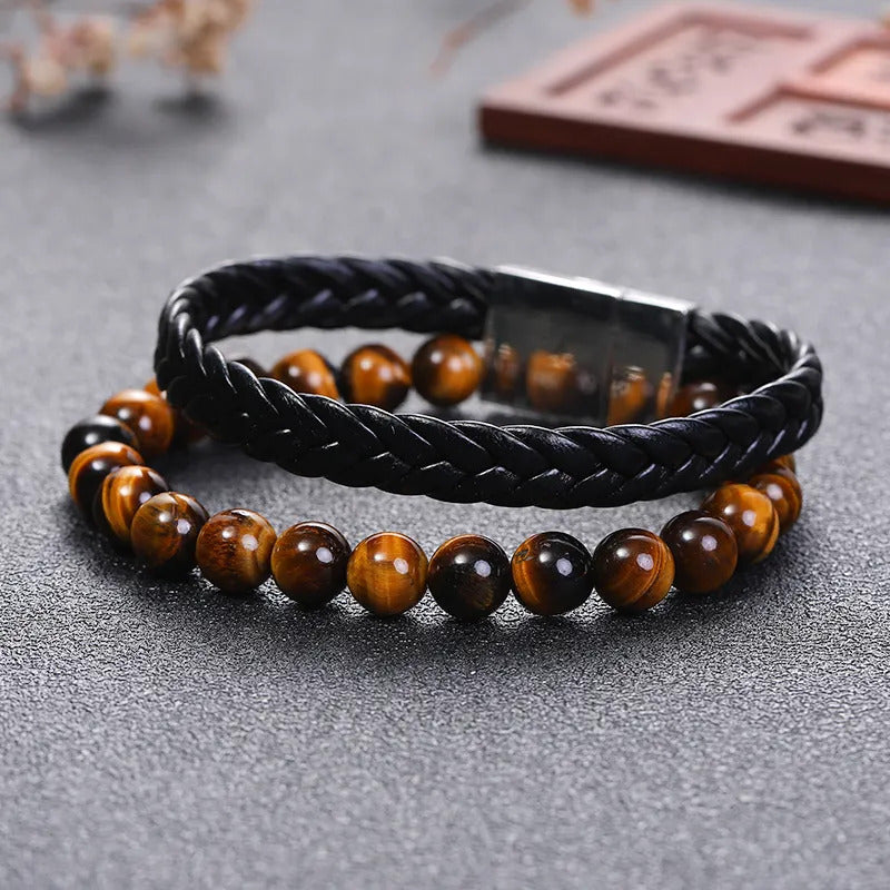 Bracelet | Trendy Jewellery | Tiger Eye Beads | Natural Stone | 2 Layers | Black Leather | Stainless Clasp | 7” Bangle Charm