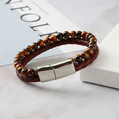 Bracelet | Trendy Jewellery | Tiger Eye Stone Bead | Stainless Magnetic Button | Brown Leather | 7” Bangle Charm