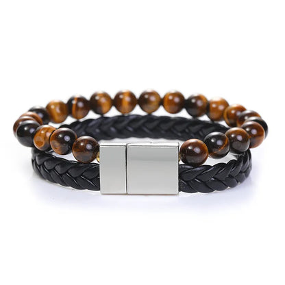 Bracelet | Trendy Jewellery | Tiger Eye Beads | Natural Stone | 2 Layers | Black Leather | Stainless Clasp | 7” Bangle Charm