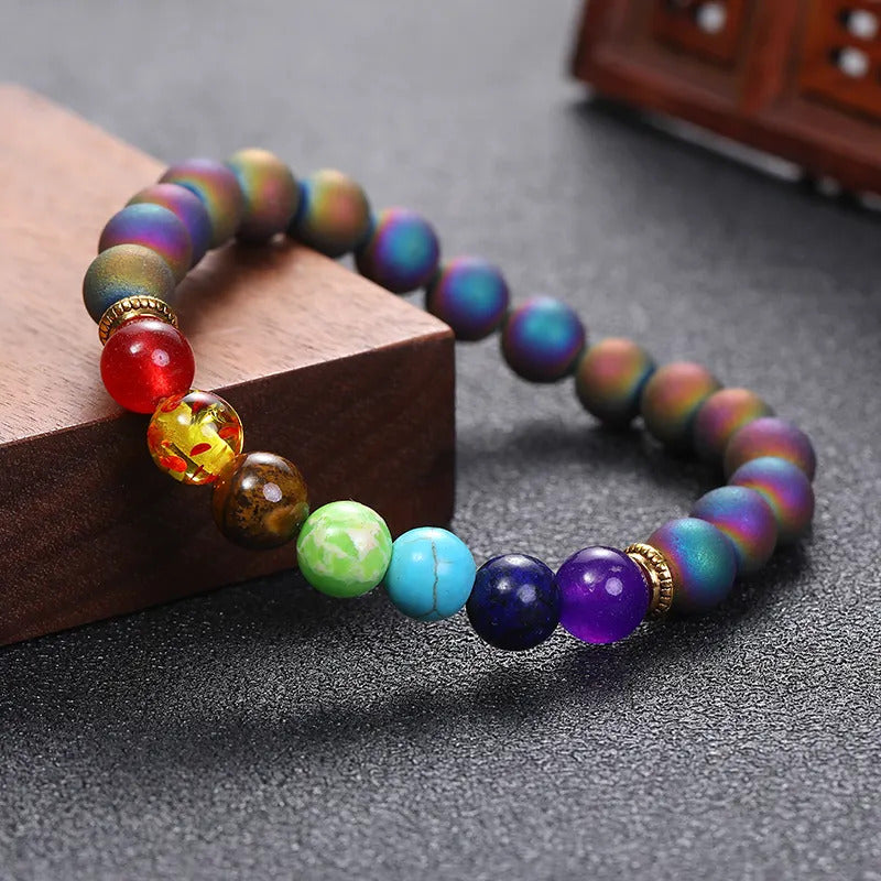 Bracelet | Trendy Jewellery | Crazy Agate Chakras Beads | Natural Stone | 7” Bangle Charm