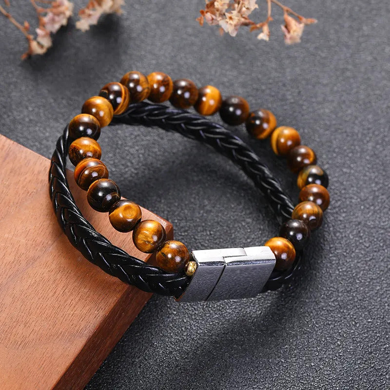 Bracelet | Trendy Jewellery | Tiger Eye Beads | Natural Stone | 2 Layers | Black Leather | Stainless Clasp | 7” Bangle Charm