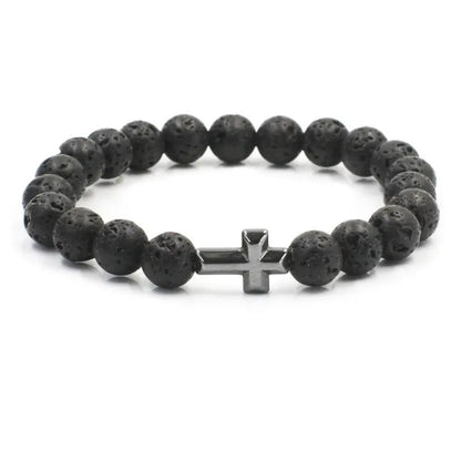 Bracelet | Trendy Jewellery | Cross Lava Stone Beads | Natural Energy Stone | 7” Bangle Charm