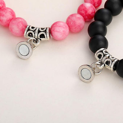 2 PCs Bracelets | For Couples | 7” Natural 8 mm Stone Beads | Round Magnetic | Love | Bangle Charm