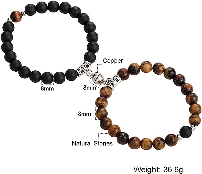 2 PCs Bracelets | For Couples | 7” Natural 8 mm Stone Beads | Round Magnetic | Love | Bangle Charm