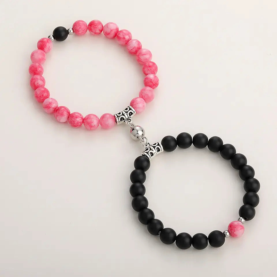 2 PCs Bracelets | For Couples | 7” Natural 8 mm Stone Beads | Round Magnetic | Love | Bangle Charm