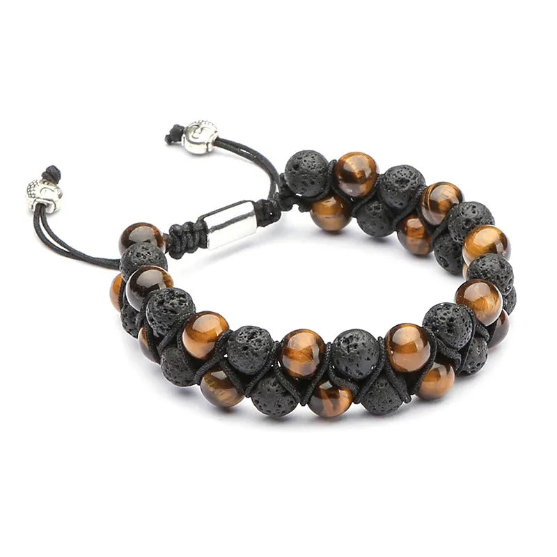 Adjustable Bracelet | Trendy Jewellery | Tiger Eye Lava Stone Beads | Natural Stone | 2 Layers | 7” Bangle Charm