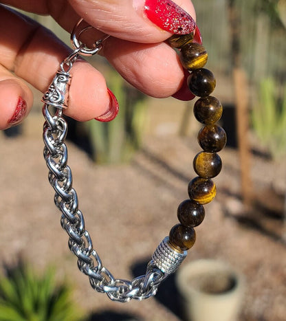 Bracelet | Trendy Jewellery | Tiger Eye Bead | Natural Stone | 7” Bangle Charm| Stainless Steel Chain